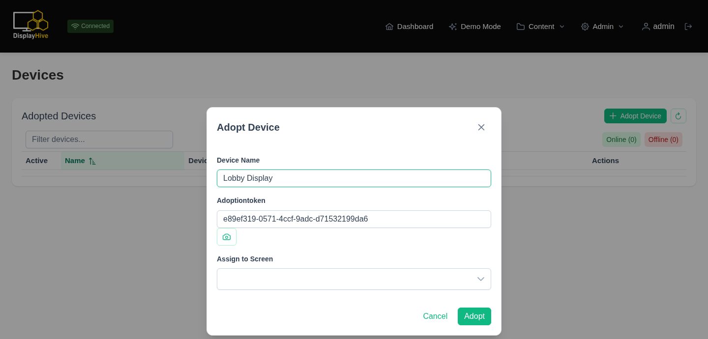 Adopt Device dialog filled in with a token and device name