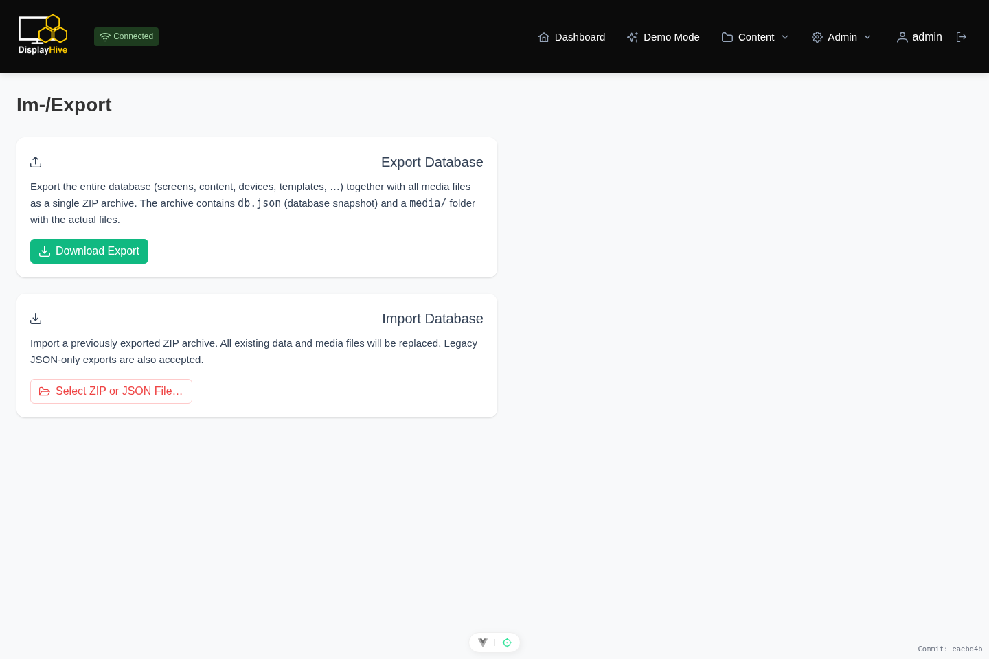 Import/Export page with the Export button and the file upload area for Import
